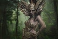 Magical, Deity, beautiful woman with green hair in golden goddess armor. Fantasy warrior