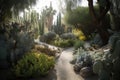 magical desert garden, filled with cacti, succulents, and other hardy flora