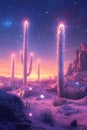Magical Desert Landscape with Glowing Cacti Under Starry Sky Royalty Free Stock Photo