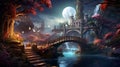 A magical digital art depiction of a wooden bridge in a fantastical land, adorned with enchanting details, AI-generated