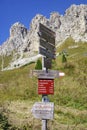 Magical Dolomite peaks of Pizes da Cir, Passo Gardena at blue sky and sunny day with a hiking trail direction signpost, South