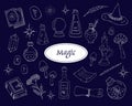 Magical doodle elements, magic poison bottles, crystal ball, witchcraft book and caldron, tarot cards. Collection of Mystical