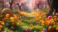 A magical Easter garden scene with vibrant flowers, blooming trees, and Easter eggs hidden among the foliage