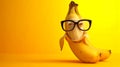 A magical and enchanting scene featuring a banana wearing chic glasses, showcasing a bright and friendly smile, set against a