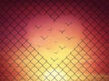 Magical escape with metallic wire mesh breaks up into a heart shape and transforms into flying birds above the sunset sky. Royalty Free Stock Photo