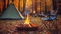 Magical Evening Campfire, Chairs and Tent in Enchanting Forest. created with Generative AI