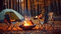 Magical Evening Campfire, Chairs and Tent in Enchanting Forest. created with Generative AI