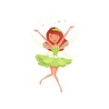 Magical fairy in beautiful green dress. Happy girl spreading pixie dust. Imaginary fairytale character with little wings