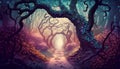 Magical fairy-tale dark forest with mysterious lights and trees Royalty Free Stock Photo