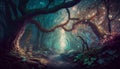 Magical fairy-tale dark forest with mysterious lights and trees
