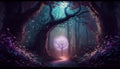 Magical fairy-tale dark forest with mysterious lights and trees Royalty Free Stock Photo