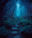 Magical fairy-tale dark forest with a path and trees of unusual shape. Vertical Royalty Free Stock Photo
