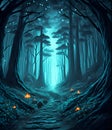 Magical fairy-tale dark forest with a path and trees of unusual shape. Vertical Royalty Free Stock Photo