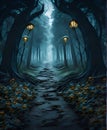 Magical fairy-tale dark forest with a path and trees of unusual shape. Vertical Royalty Free Stock Photo
