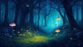 A magical fairy tale forest at dusk, with bioluminescent mushrooms casting Royalty Free Stock Photo