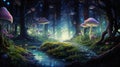A magical fairy tale forest at dusk, with bioluminescent mushrooms casting an ethereal glow Royalty Free Stock Photo