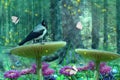 A magical, fairy-tale forest with huge mushrooms, flowers and flying butterflies. A crow is sitting on a mushroom. Fantastic natur Royalty Free Stock Photo