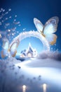 Magical fairy tale scene with magic house and butterfly. Christmas background. Generative AI