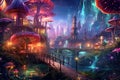 Magical Fairyland: whimsical panorama of a secret fairyland hidden among colorful mushroom groves, sparkling streams