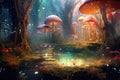 Magical Fairyland: whimsical panorama of a secret fairyland hidden among colorful mushroom groves, sparkling streams