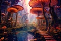 Magical Fairyland: whimsical panorama of a secret fairyland hidden among colorful mushroom groves, sparkling streams