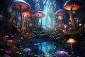 Magical Fairyland: whimsical panorama of a secret fairyland hidden among colorful mushroom groves, sparkling streams