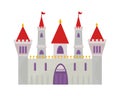 Magical fairytale castle. Wall impenetrable purple gate towers gold arrow ornament red flags powerful building with two