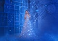 Magical fairytale night beautiful young princess woman. Blond hair. Luxury Queen dress bright sparks. retro vintage Royalty Free Stock Photo