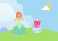 Magical fairytale with princess and baby dragon vector illustration. Pink cartoon newborn in egg shell. Magical animals