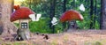 A magical, fantastic forest with tree branches on a blurry background. Fairy houses with Windows made of old mushrooms for gnomes Royalty Free Stock Photo