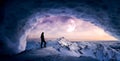 Magical Fantasy Adventre Composite of Man Hiking in an Ice Cave Royalty Free Stock Photo