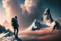 Magical Fantasy Adventre Composite of Man Hiking on top of a Mountain Peak. Colorful Sunset Sky Art Render.