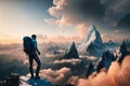 Magical Fantasy Adventre Composite of Man Hiking on top of a Mountain Peak. Colorful Sunset Sky Art Render.