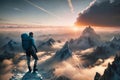 Magical Fantasy Adventre Composite of Man Hiking on top of a Mountain Peak. Colorful Sunset Sky Art Render.