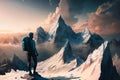 Magical Fantasy Adventre Composite of Man Hiking on top of a Mountain Peak. Colorful Sunset Sky Art Render.