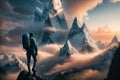 Magical Fantasy Adventre Composite of Man Hiking on top of a Mountain Peak. Colorful Sunset Sky Art Render.