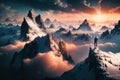 Magical Fantasy Adventre Composite of Man Hiking on top of a Mountain Peak. Colorful Sunset Sky Art Render.