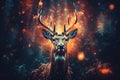 Magical fantasy background with a beautiful deer against the backdrop of a magical forest, golden bokeh, beautiful lighting.