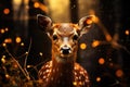 Magical fantasy background with a beautiful deer against the backdrop of a magical forest, golden bokeh, beautiful lighting.