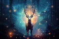 Magical fantasy background with a beautiful deer against the backdrop of a magical forest, golden bokeh, beautiful lighting.