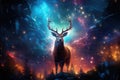 Magical fantasy background with a beautiful deer against the backdrop of a magical forest, golden bokeh, beautiful lighting.