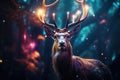 Magical fantasy background with a beautiful deer against the backdrop of a magical forest, golden bokeh, beautiful lighting.