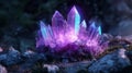 Magical fantasy crystal amethyst mystical glows from the inside natural blue crystal stone in the forest cave a gemstone, mos