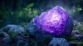 Magical fantasy crystal amethyst mystical glows from the inside natural blue crystal stone in the forest cave a gemstone, mos