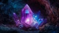 Magical fantasy crystal amethyst mystical glows from the inside natural blue crystal stone in the forest cave a gemstone, mos