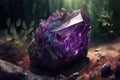 Magical fantasy crystal amethyst mystical glows from the inside. Natural purple crystal stone in the forest cave, a gemstone. 3d