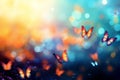 Magical fantasy enchanted fairy tale landscape with fabulous flying butterflies on blurred mysterious blue background