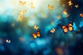 Magical fantasy enchanted fairy tale landscape with fabulous flying butterflies on blurred mysterious blue background