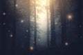Magical fantasy fairy lights in enchanted forest with fog Royalty Free Stock Photo