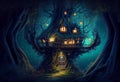 magical fantasy fairy tale scenery of tree house at night in a forest. Generate Ai. Royalty Free Stock Photo